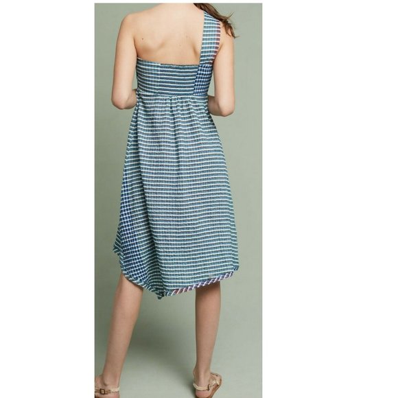 NEW Anthropologie Maeve One Shoulder Gingham Waverly Dress Check Plaid Blue $138 - Picture 4 of 6